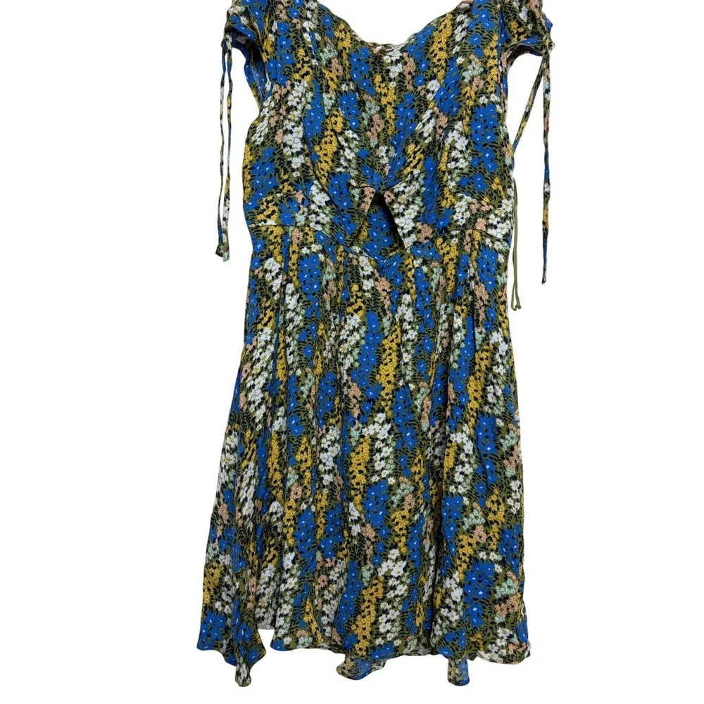 Free People Floral Mini Dress Blue Yellow Cutout Tie Shoulder Womens Size Medium